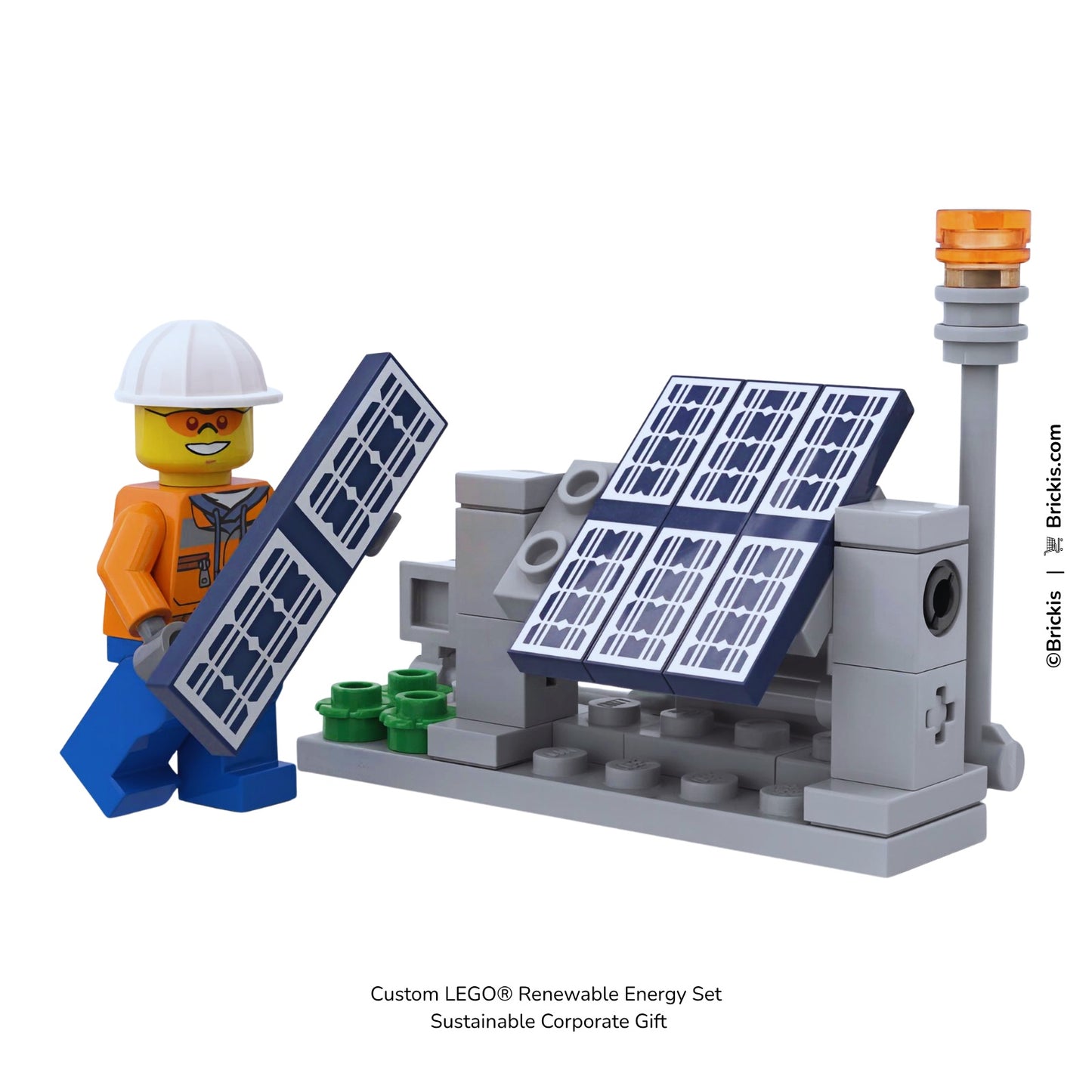 LEGO solar energy model with technician installing panel designed as a corporate gift and educational toy