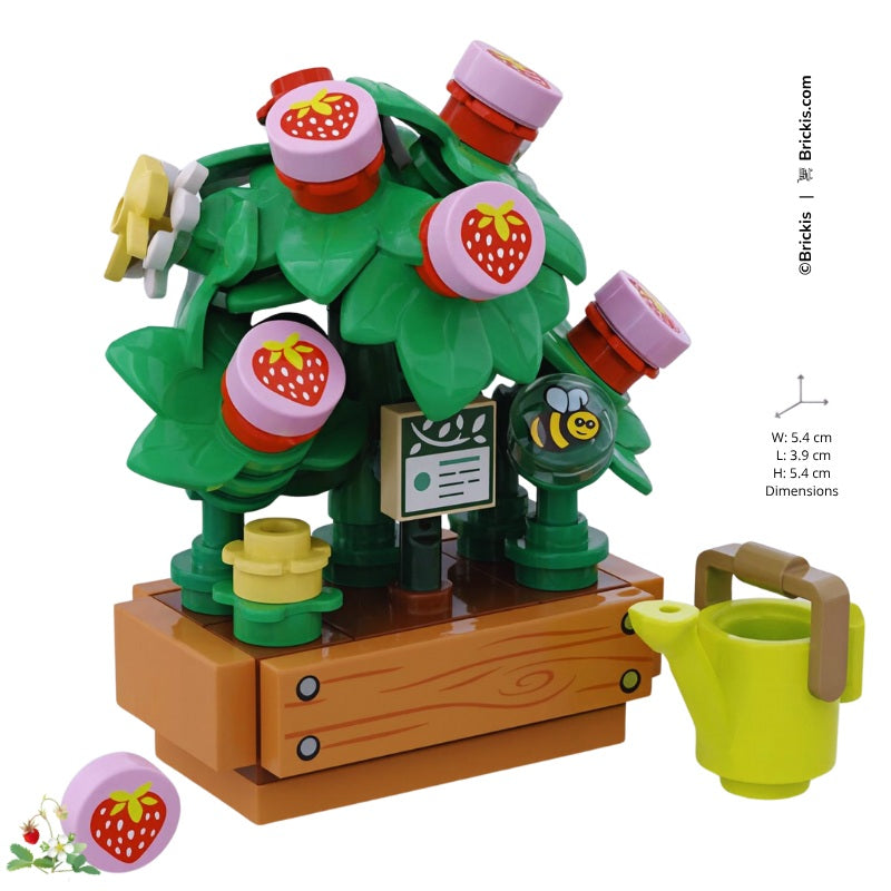 
                  
                    Mini LEGO strawberry planter garden scene with bee figure and vibrant fruit in a wooden planter box
                  
                