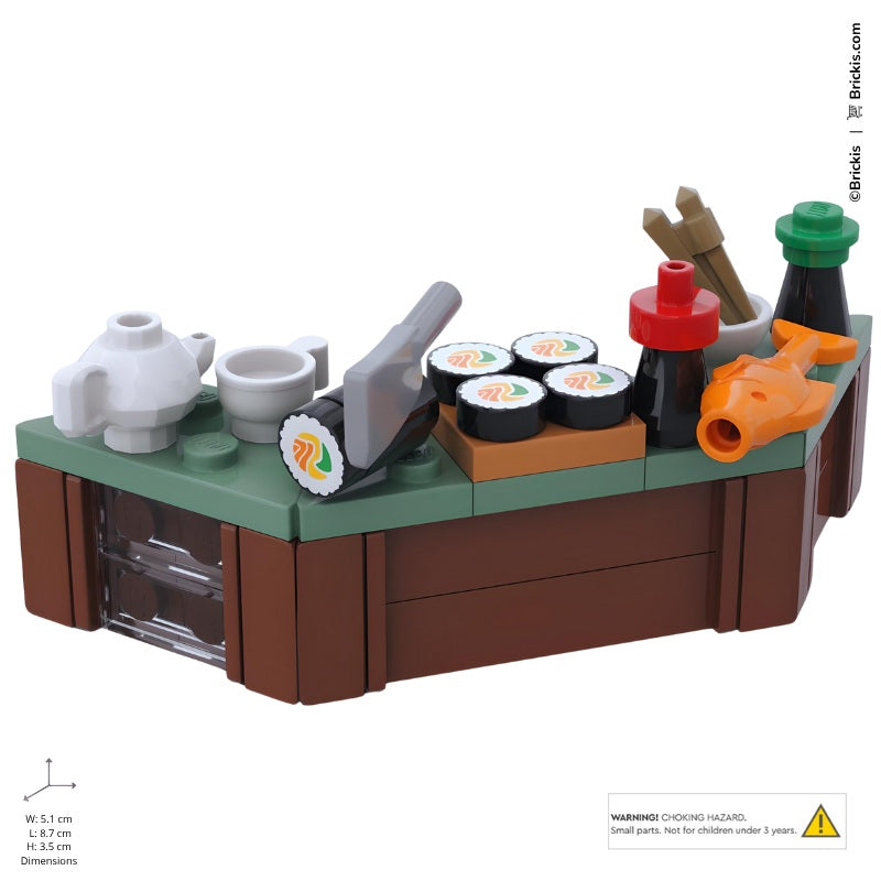 
                  
                    Detailed LEGO sushi bar model featuring salmon, tea pot, soy sauce, and chopsticks
                  
                