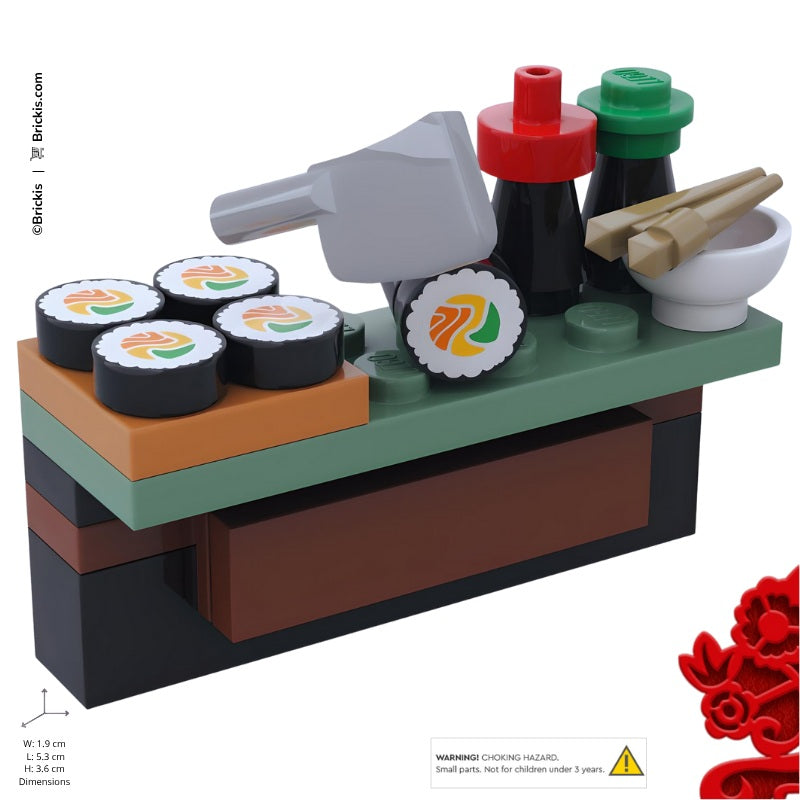 
                  
                    LEGO mini sushi bar build with traditional Japanese food styling, including sushi rolls, chopsticks, and a soy sauce dish for playful decor.
                  
                
