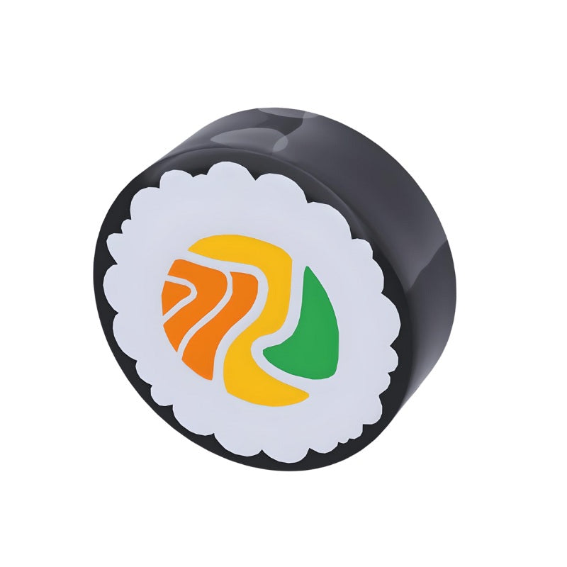LEGO 98138pb261 round 1x1 tile with sushi roll print in black color, close-up view