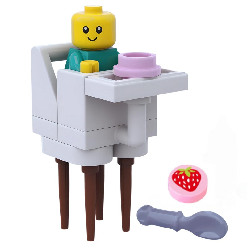 Brick-built LEGO high chair MOC with strawberry detail and utensil set, ideal for minifigure baby scenes