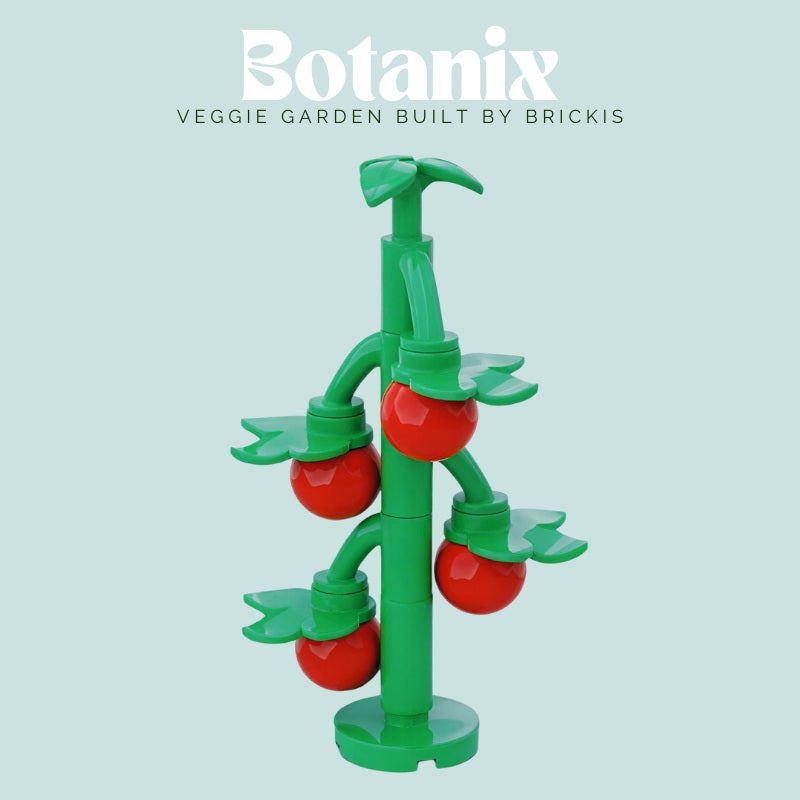 
                  
                    Close-up of custom LEGO tomato vine build with bright red tomatoes, part of the Brickis Botanix Veggie Garden collection
                  
                