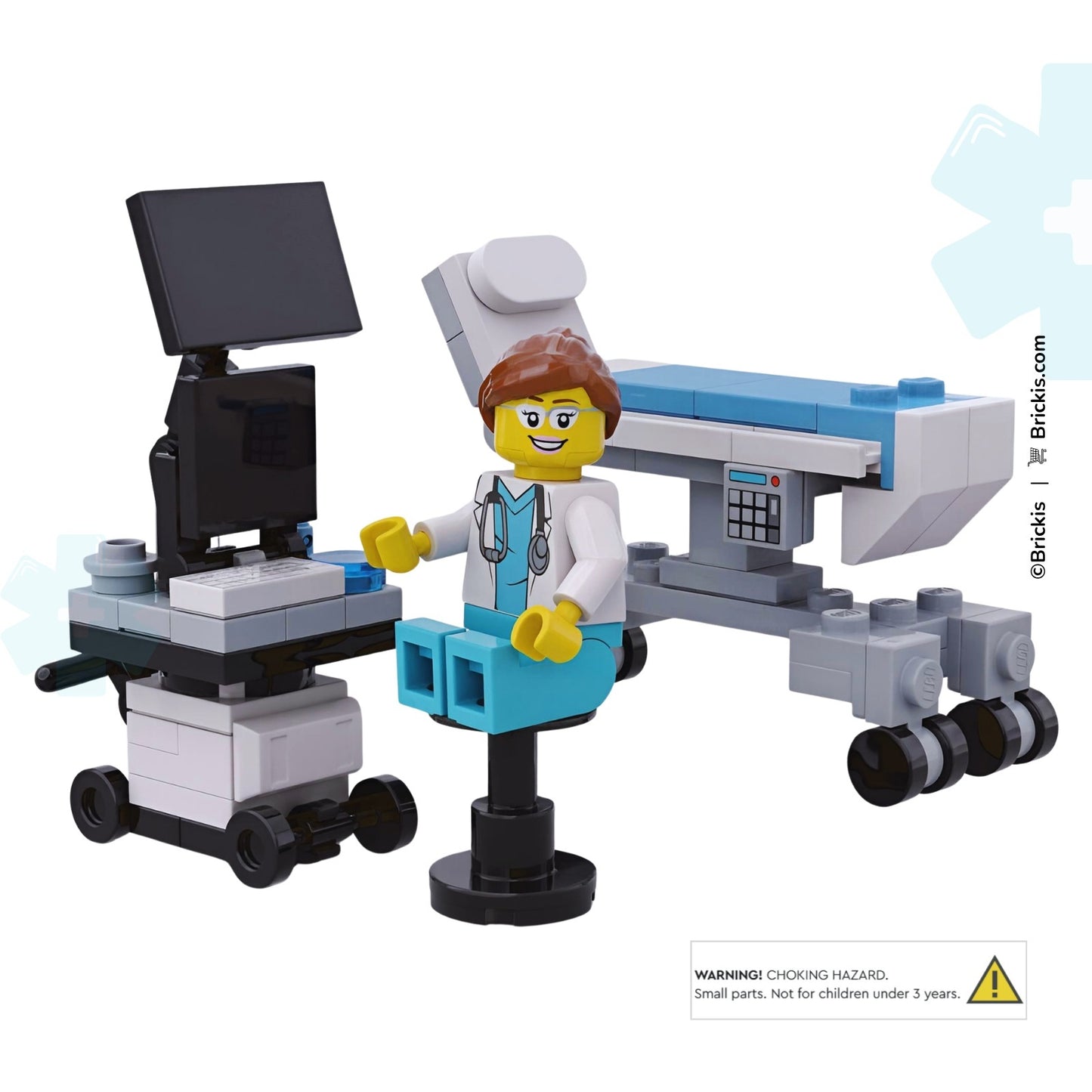 LEGO ultrasound machine with doctor and examination table, medical imaging system and hospital diagnostic equipment by Brickis