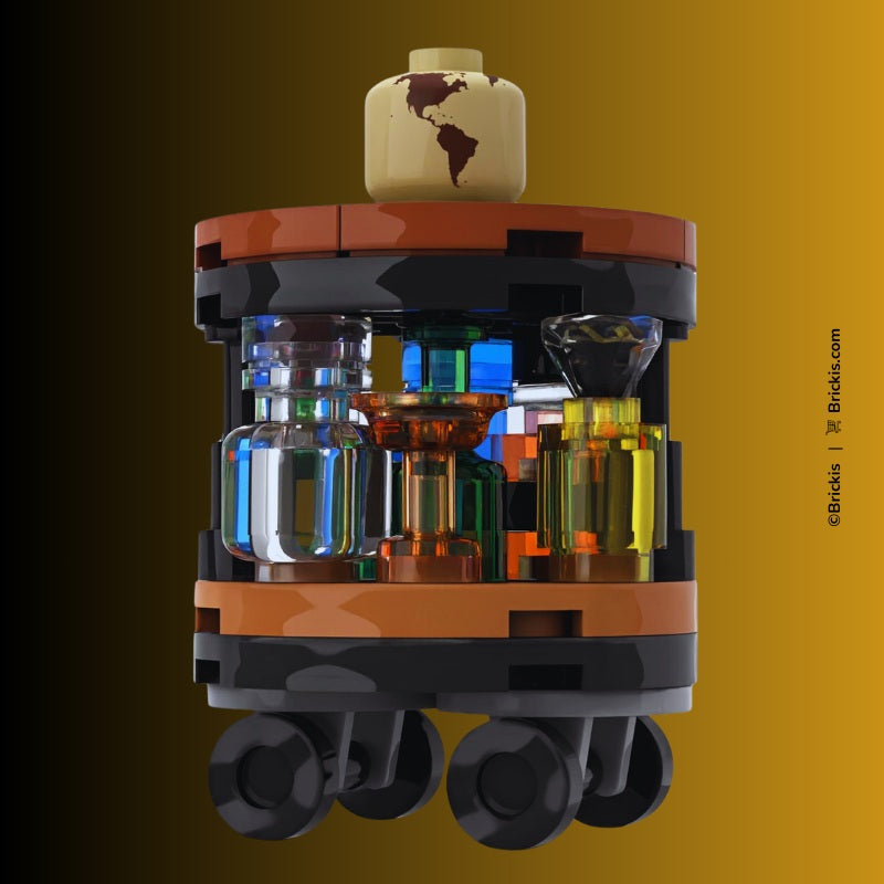 Custom LEGO mini globe bar cabinet with assorted premium spirits displayed on rolling trolley base