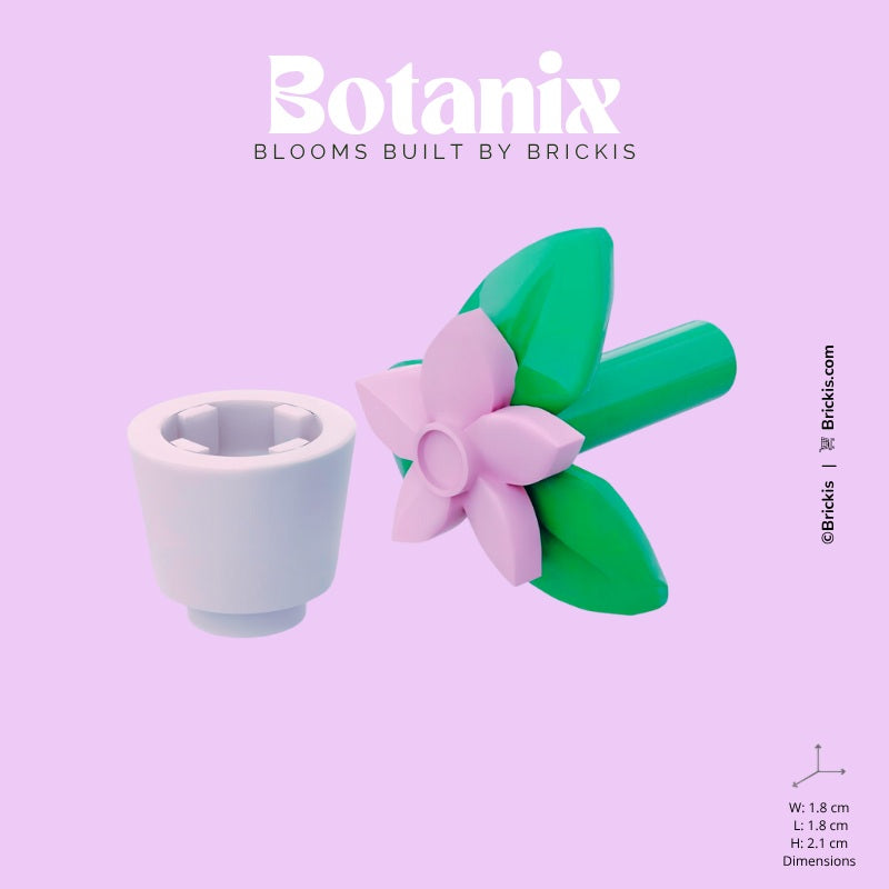 
                  
                    Tiny LEGO plant with single pink blossom in a clean white container – from the Botanix micro-build collection
                  
                