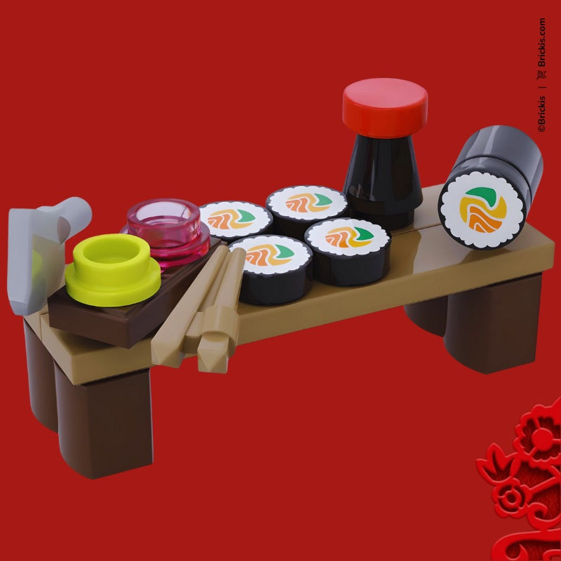 
                  
                    Custom LEGO Japanese sushi plate with maki rolls, sauce bottles, and accessories – a fun display piece for Asian cuisine lovers
                  
                
