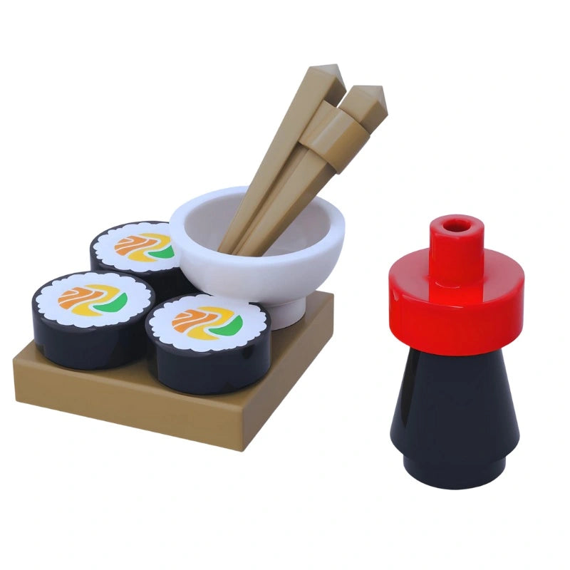 Miniature LEGO sushi set with nigiri pieces, chopsticks, and a serving bowl on display