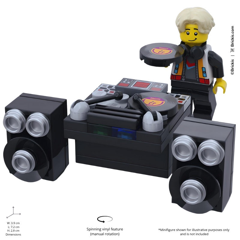 
                  
                    LEGO DJ studio console MOC with two spinning vinyl records and authentic speaker accessories.
                  
                