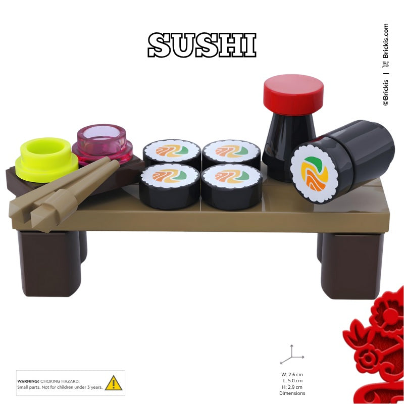 
                  
                    Creative LEGO representation of traditional sushi with tiny rolls and accessories in minifigure scale
                  
                