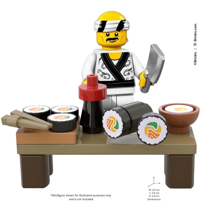 
                  
                    LEGO MOC sushi roll design with dipping sauce and chopsticks – perfect for cultural-themed scenes and foodie fans.
                  
                