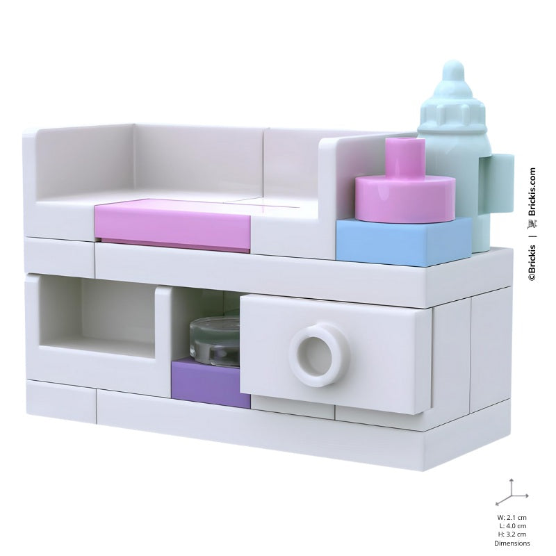 Brick-built LEGO nursery furniture MOC with a pink diaper changing table, pastel-colored jars and bottles, perfect for baby-themed LEGO scenes.