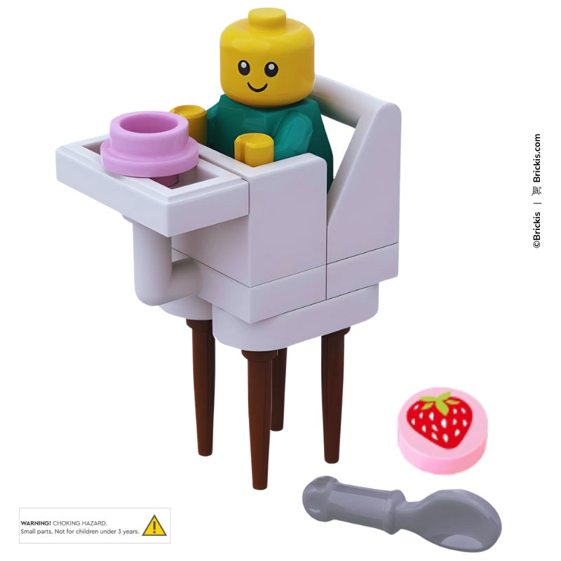 
                  
                    Custom LEGO baby high chair with pink dish, strawberry snack, and spoon – nursery-themed MOC by Brickis
                  
                