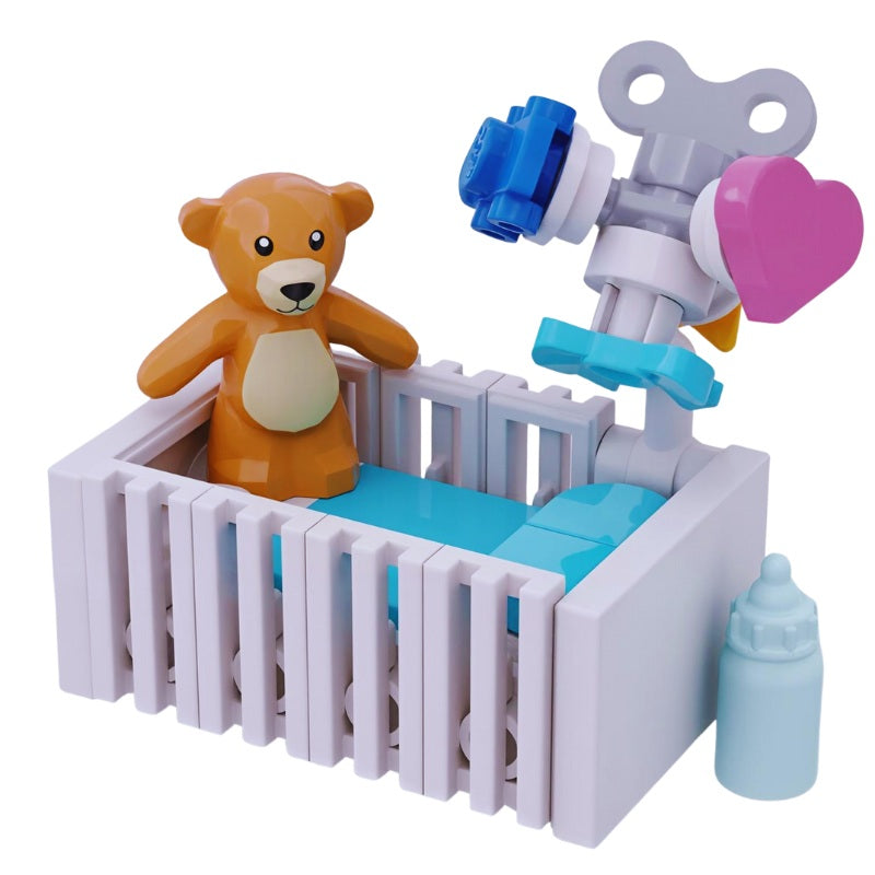 Adorable turquoise nursery crib built of LEGO bricks – includes teddy bear and baby bottle