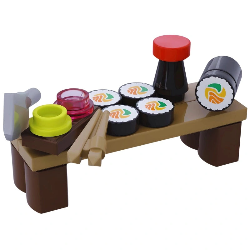  LEGO sushi rolls and soy sauce on a serving counter, inspired by Japanese street food culture