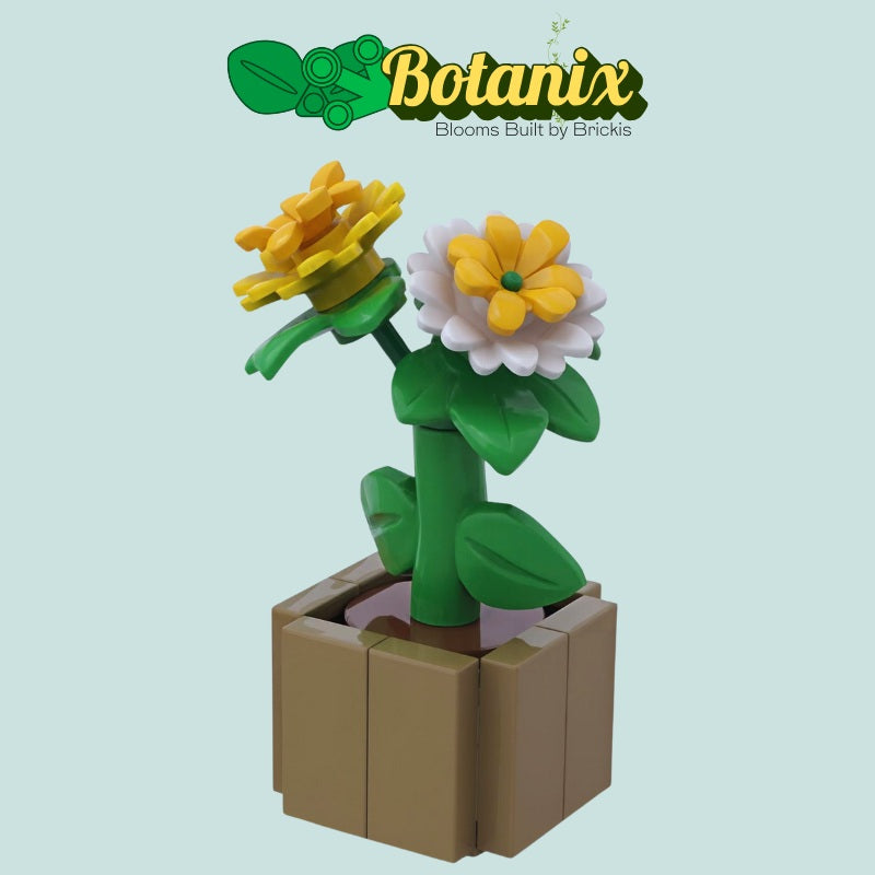
                  
                    Decorative LEGO dahlia flowers in a minimalist pot – a custom botanical build from the Brickis Botanix flower series
                  
                