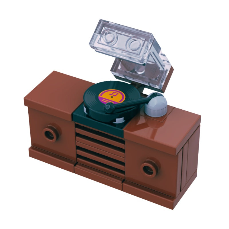 
                  
                    LEGO Vintage-inspired LP record player featuring a rotating turntable, needle, and clear dust cover.
                  
                
